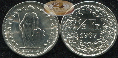 Швейцария. 1/2 франка. 1967 (Unc. Серебро)