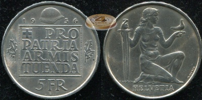Швейцария. 5 франков. 1936 B (aUnc++. Серебро)