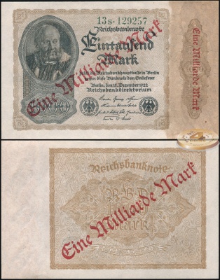Германия [Веймарская респ.]. Банкнота 1000000000 марок. 15.12.1922. Unc. Бумага. Кат.# Rb.110b