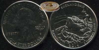 США. Монета 25 центов [Квотер]. 2014.S (KM#567. Unc) Shenandoah [Virginia]