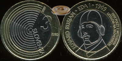 Словения. 3 евро. 2009 (Unc. Биметалл) 100 первого полета на моторном самолете