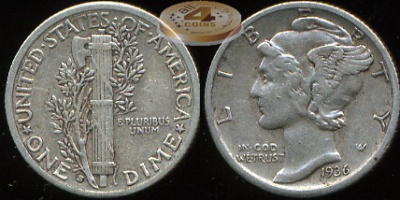США. 10 центов (Дайм). 1936.S (XF. Серебро)