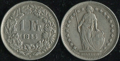Швейцария. 1 франк. 1945 (XF. Серебро)