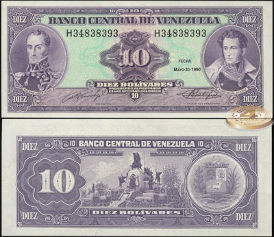 Венесуэла. Банкнота 10 боливаров. 31.05.1990. Unc. Бумага. Кат.# P.61b