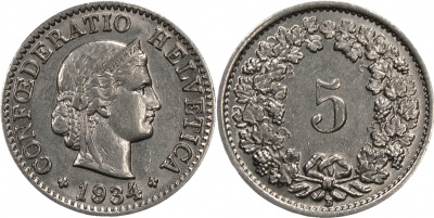 Швейцария. Монета 5 раппенов. 1934.B (KM#26b. aUnc/XF+)