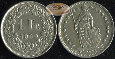 Швейцария. 1 франк. 1960 (aUnc. Серебро)