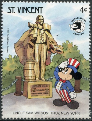 Сент-Винсент. 1989. Диснеевские персонажи. Дядя Сэм Уилсон, Нью-Йорк (Почтовая марка. MNH OG)