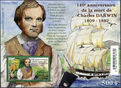 Французская Полинезия. 2022. 140-я годовщина смерти Чарльза Дарвина (Почтовый блок. MNH OG)