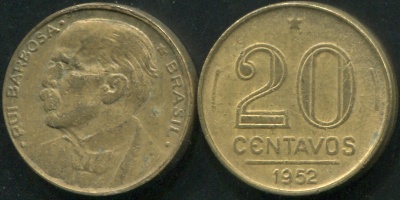 Бразилия. Монета 20 центаво. 1952 (KM#562. aXF) Руй Барбоза