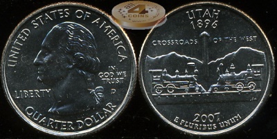 США. Монета 25 центов [Квотер]. 2007.D (KM#400. Unc) Юта