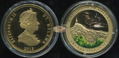 Остров Святой Елены. Монета 25 пенсов. 2013 (Proof. Капсула. Позолота. Эмаль) Тайфунник Бульвера