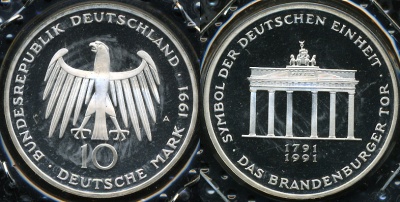 Германия (ФРГ). 10 марок. 1991 A (Proof. Серебро)