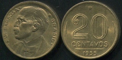 Бразилия. Монета 20 центаво. 1955 (KM#562. aXF) Руй Барбоза