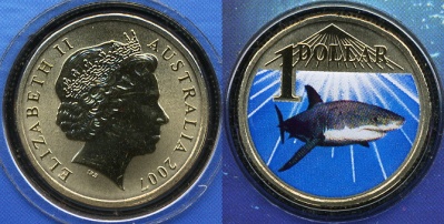 Австралия. 1 доллар. 2007. Белая акула. (Unc. Цветная эмаль)