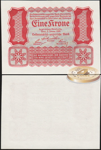 Австро-Венгрия. Банкнота 1 крона. 02.01.1922. Unc. Бумага. Кат.# P.73a