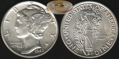 США. 10 центов (Дайм). 1942 (BU++. Серебро)