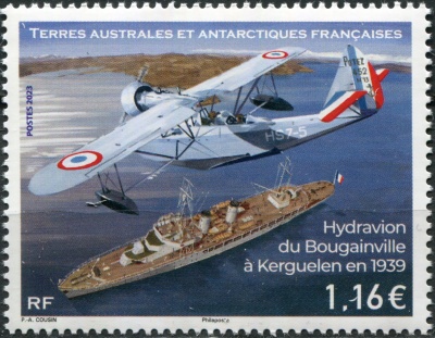 ФЮАТ. 2023. Плавающий самолёт и корабль Бугенвиль в Кергелене, 1939 год (Почтовая марка. MNH OG)