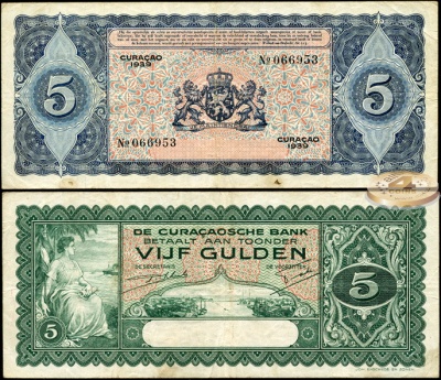 Кюрасао. Банкнота 5 гульденов. 1939. VF. Бумага. Кат.# P.22  Редкая
