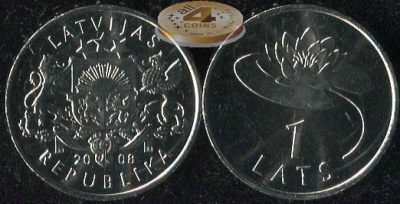 Латвия. Монета 1 лат. 2008 (KM#92. Unc) Кувшинка
