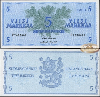 Финляндия. Банкнота 5 финских марок. 1963(1980). Unc. Бумага. Кат.# P.106Aa