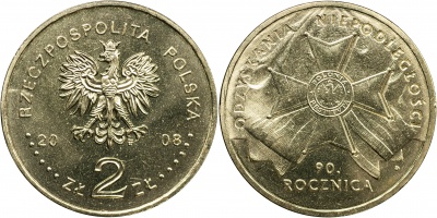 Польша. Монета 2 злотых. 2008 (KM#Y.650. Unc) 90-летие восстановления независимости