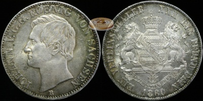 Германия (Саксония). Монета 1 союзный талер. 1860.B (AKS.136. aUnc/Unc. Серебро)