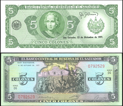 Сальвадор. Банкнота 5 колонов. 06.10.1977. Unc. Бумага. Кат# P.126a