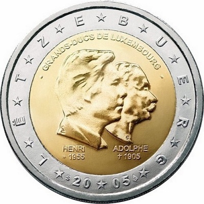 Люксембург. 2 евро. 2005 (Unc. Биметалл) Великий герцог Анри и Великий герцог Адольф