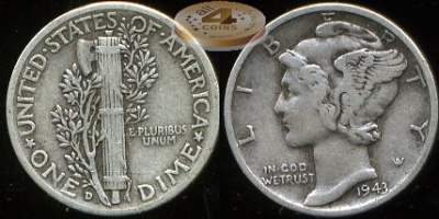 США. 10 центов (Дайм). 1943.D (XF. Серебро)