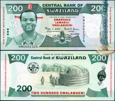 Свазиленд. Банкнота 200 емалангени. 19.04.2008. Unc. Hybrid. Кат.# P.35a