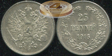 Финляндия (Российская). 25 пенни. 1916 (aUnc. Серебро)