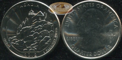 США. Монета 25 центов [Квотер]. 2012.D (KM#521. Unc) Acadia [Maine]