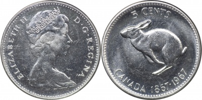 Канада. Монета 5 центов. 1967 (KM#66. aUnc) 100-летие Конфедерации Канады
