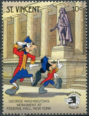 Сент-Винсент. 1989. Диснеевские персонажи. Статуя Д. Вашингтона (Почтовая марка. MNH OG)