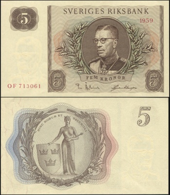 Швеция. 5 крон (Unc) 1959