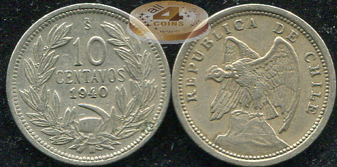 Чили. Монета 10 центаво. 1940 (KM#166. XF)