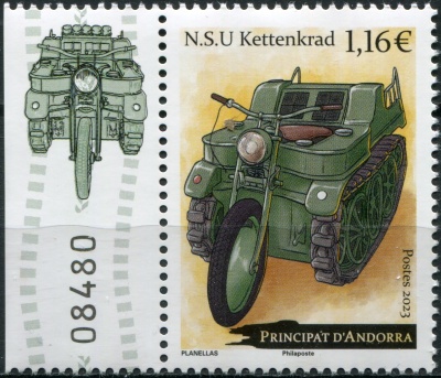 Андорра Французская. 2023. Гусеничный мототягач NSU Kettenkrad (II) (Почтовая марка. MNH OG)