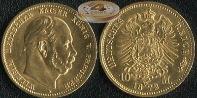 Германия (Пруссия). 10 марок. 1872 A (aUnc/Unc. Золото)