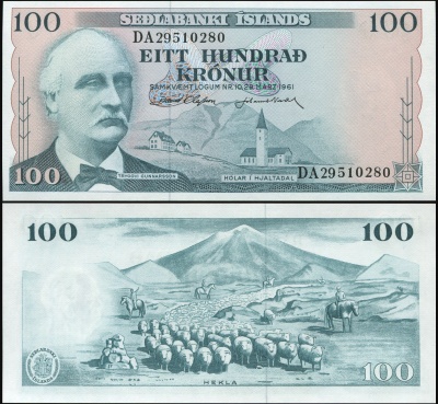 Исландия. Банкнота 100 крон. 29.03.1961 (1967). Unc. Бумага. Кат# P.44g
