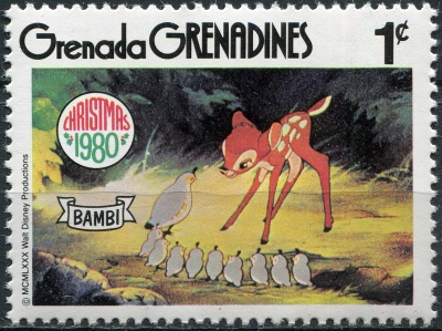 Гренада Гренадины. 1980. Бэмби с птицами (Почтовая марка. MNH OG)