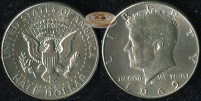 США. 1/2 доллара. 1969.D (aUnc. Серебро)