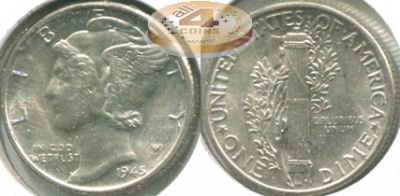 США. 10 центов (Дайм). 1945 (aUnc. Серебро)