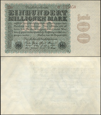 Германия [Веймарская респ.] Банкнота 100000000 марок 22.08.1923 Unc Бумага Кат# Rb.106j