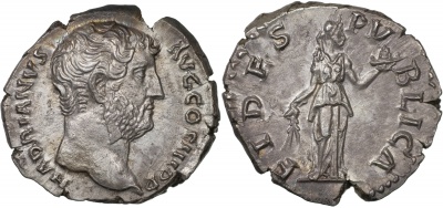 Римская империя. Адриан. Денарий. aUnc серебро. 134-138 Рим