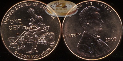 США. 1 цент. 2009.P (Unc) Lincoln Cent. Молодые годы Линкольна в Индиане
