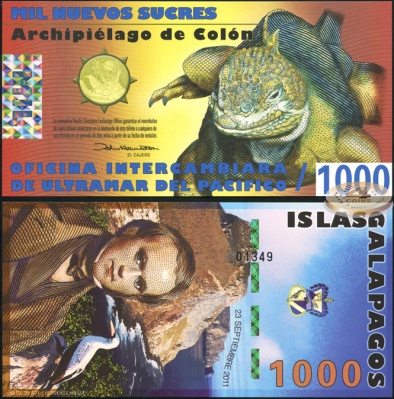 Галапагосские о-ва. Банкнота 1000 новых сукров. 23.09.2011. Unc. Пластик. Кат# P.NL