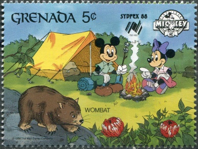 Гренада. 1988. Микки и Минни Маус с вомбатом (Почтовая марка. MNH OG)