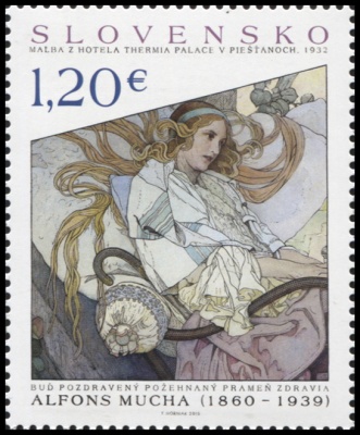 Словакия. 2015. Альфонс Муха. Картина из гостиницы Thermia Palace в Пиештяны (П. марка. MNH OG)