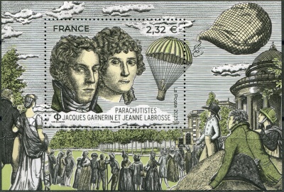 Франция. 2023. Жак Гарнерен и Жанна Лябросс, парашютисты (Почтовый блок. MNH OG)