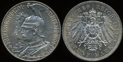 Германия (Пруссия). 5 марок. 1901 ((XF+. Серебро)